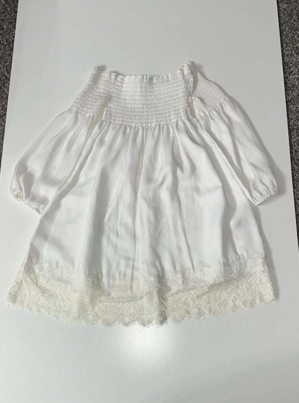BB Dakota Off-the-Shoulder Smocked White Lace Hem Blouse M